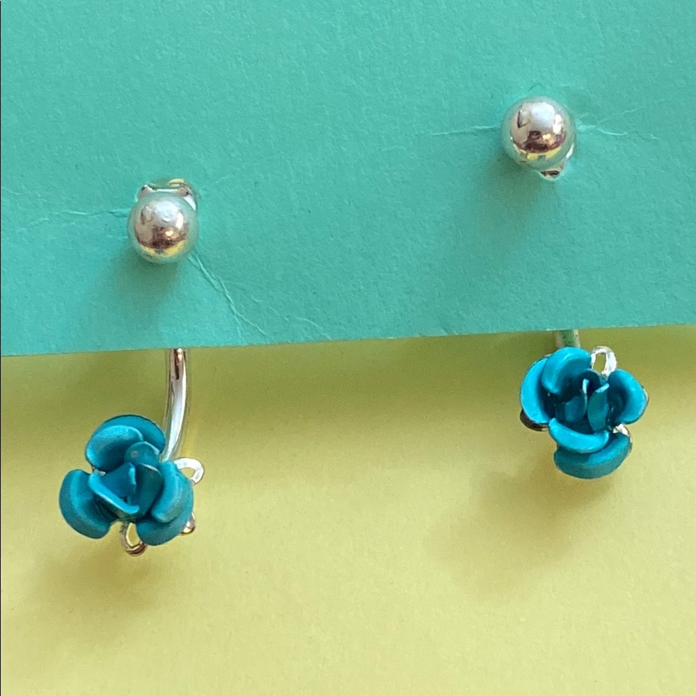5/$10❤️❤️❤️Vintage 90s Silver Tone Alloy & Blue Rose Pierced Earrings